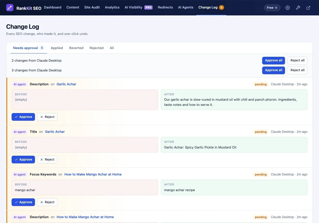 Change Log with AI agent changes from Claude Desktop waiting for approval, showing before and after values