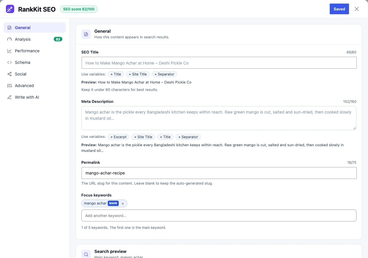 RankKit SEO panel in the block editor: SEO score 82, SEO title and meta description with variables and previews, permalink and focus keywords