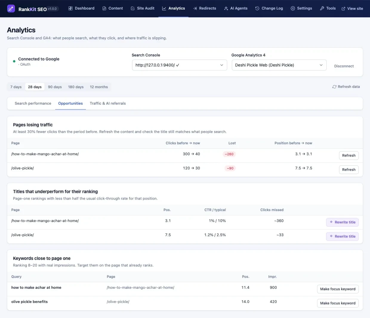 Search Console opportunities: pages losing traffic with a refresh button, and titles that underperform with a rewrite title button
